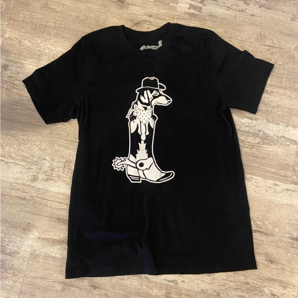 Graphic Black T-Shirt with Cowboy Boot & Dachshund Design